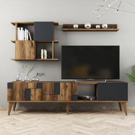 Hanah Home Madrid - Mueble de TV y Estantes de Pared Nogal y Antracita